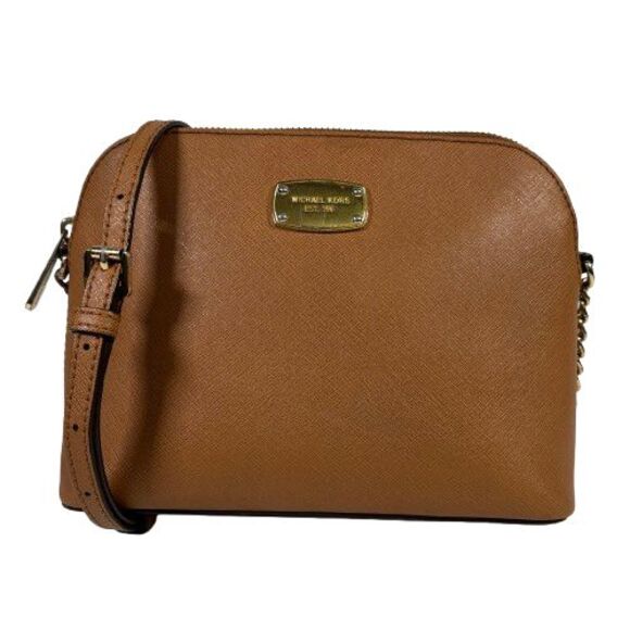 Michael Kors Jet Set Dome Crossbody Bag Saddle Brown Leather Gold Chain Purse